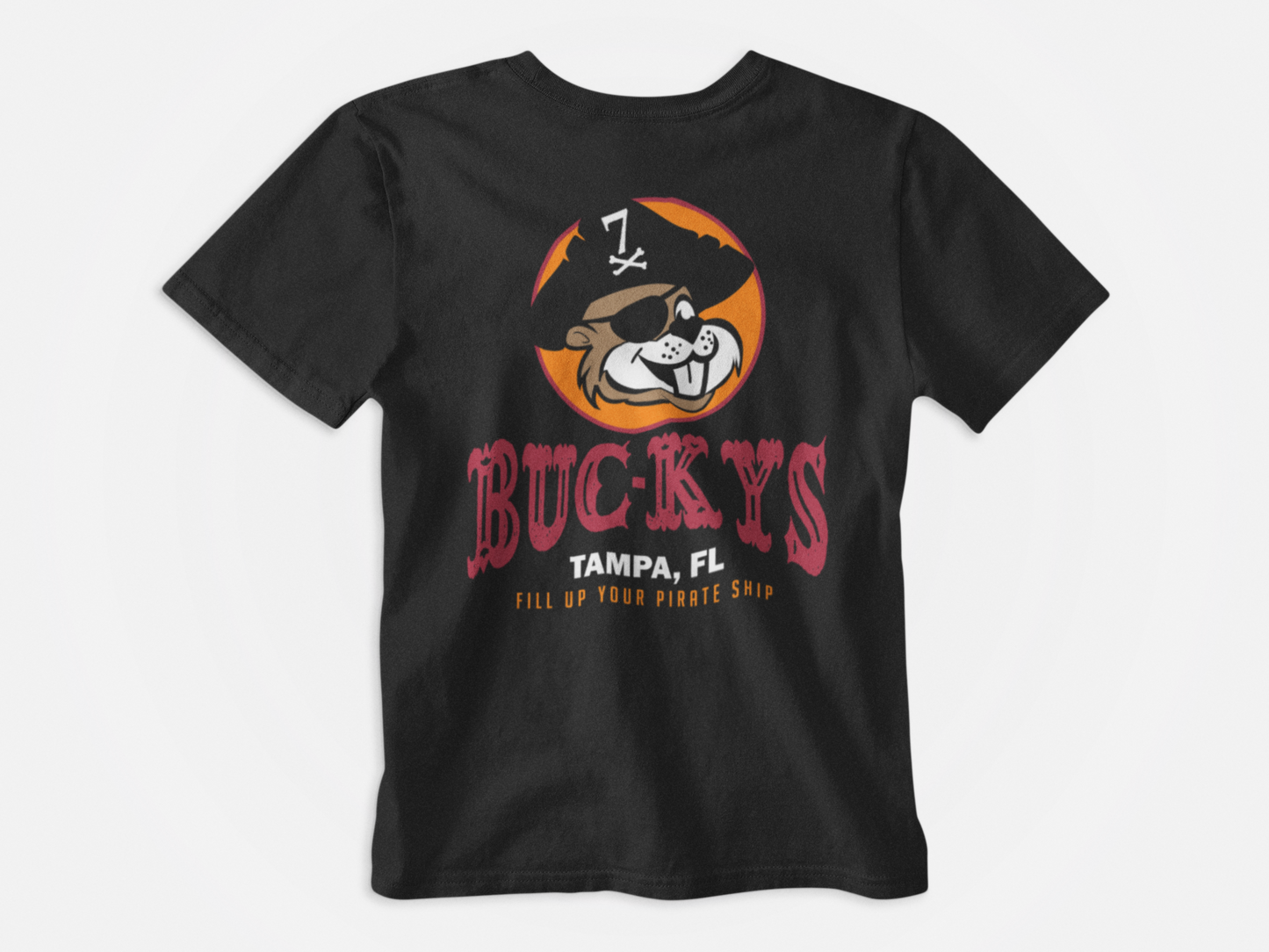 Back of shirt, black color, image of a cartoon beaver with a pirate hat and eyepatch, Wording say BUC-KYS Tampa, FL Fill Up Your Pirate Ship, Tampa Bay Buccaneers, Bucky Irving