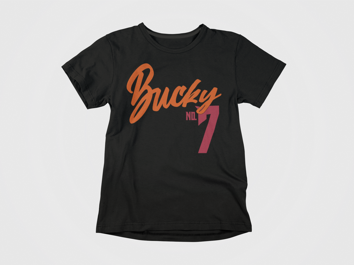 Front of shirt, black shirt, orange and red lettering, front says Bucky No. 7, Tampa Bay Buccaneers