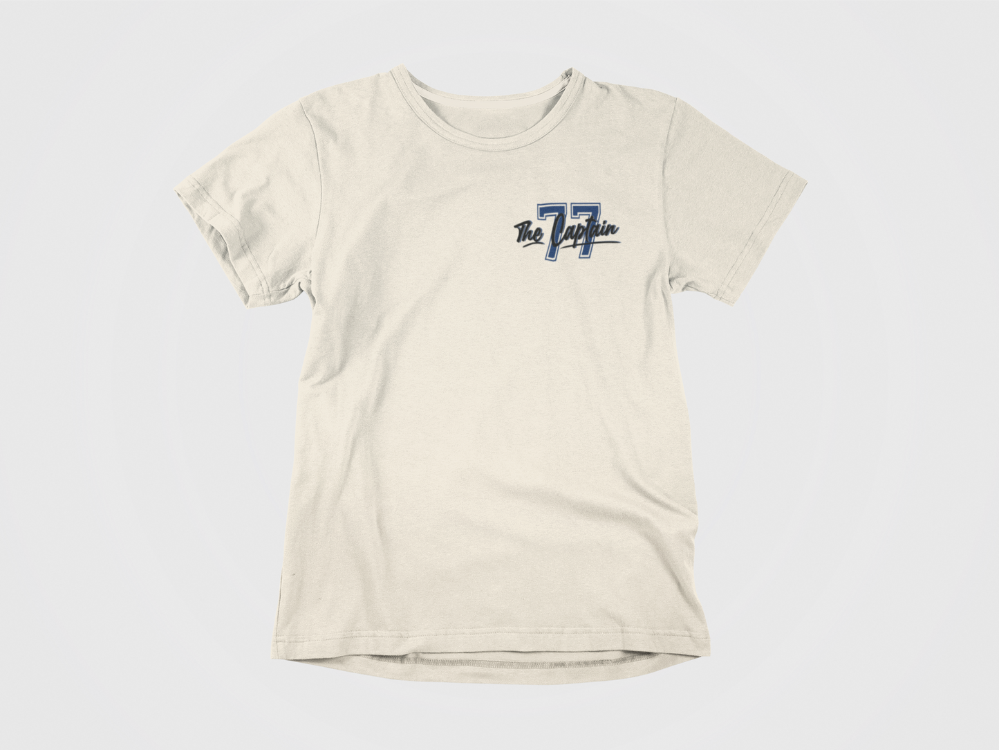 Front of Shirt, Cream colored, number 77 printed on the front with the Captain, Victor Hedman, Tampa Bay Lightning