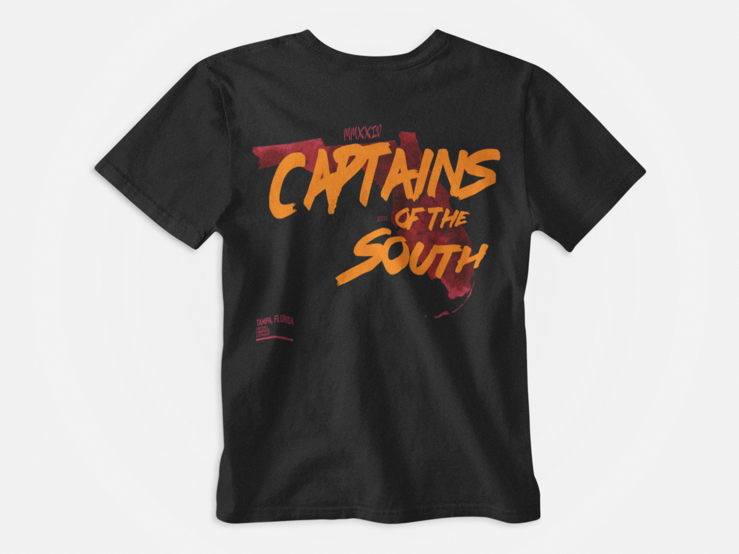 Back of Shirt, Black Color, Image of Florida with lettering that says Captains of the South, Tampa Bay Buccaneers, NFC South Champions