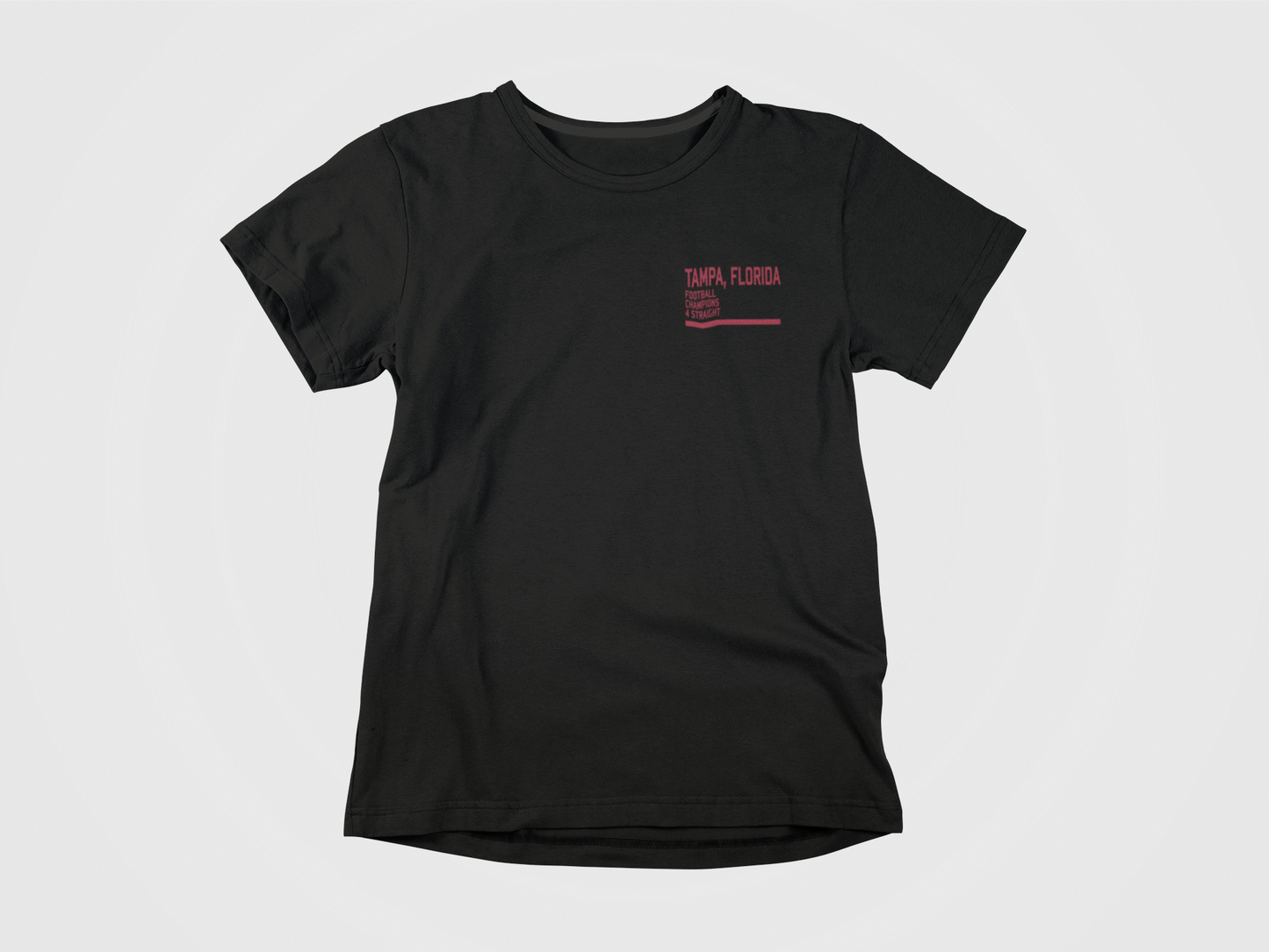 Front of Shirt, Black Color, Pocket Image, Lettering Says Tampa, FL Football Champions 4 Straight, Tampa Bay Buccaneers, NFC South Champions