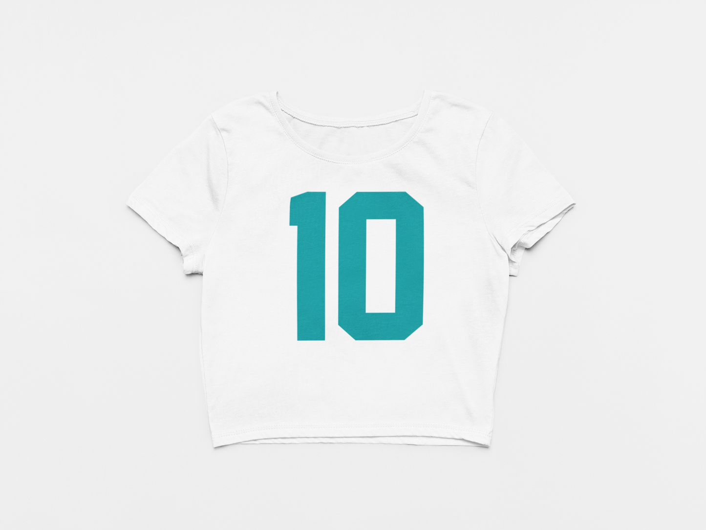 Front of Crop Top, Number 10 printed in Teal, White Color, Miami Dolphins, Tyreek Hill, Cheetah