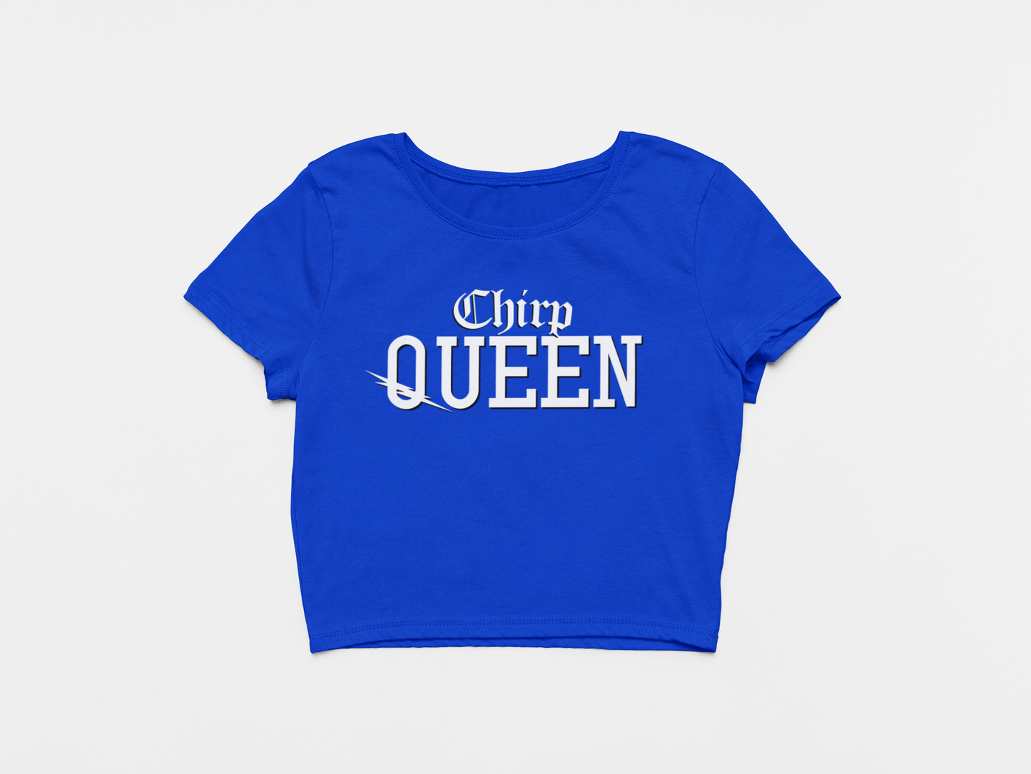 Front of Crop Top, Royal Blue Color, Lettering Says Chirp Queen, Lightning bolt through the q, Tampa bay Lightning