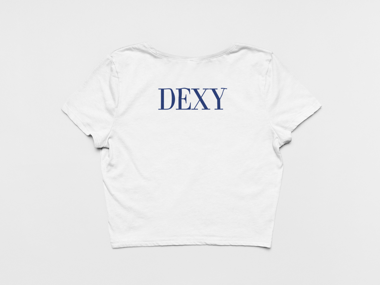 Back of Crop Top, White Color, Dexy printed on back in blue, new york giants, dexy, dexter lawrence