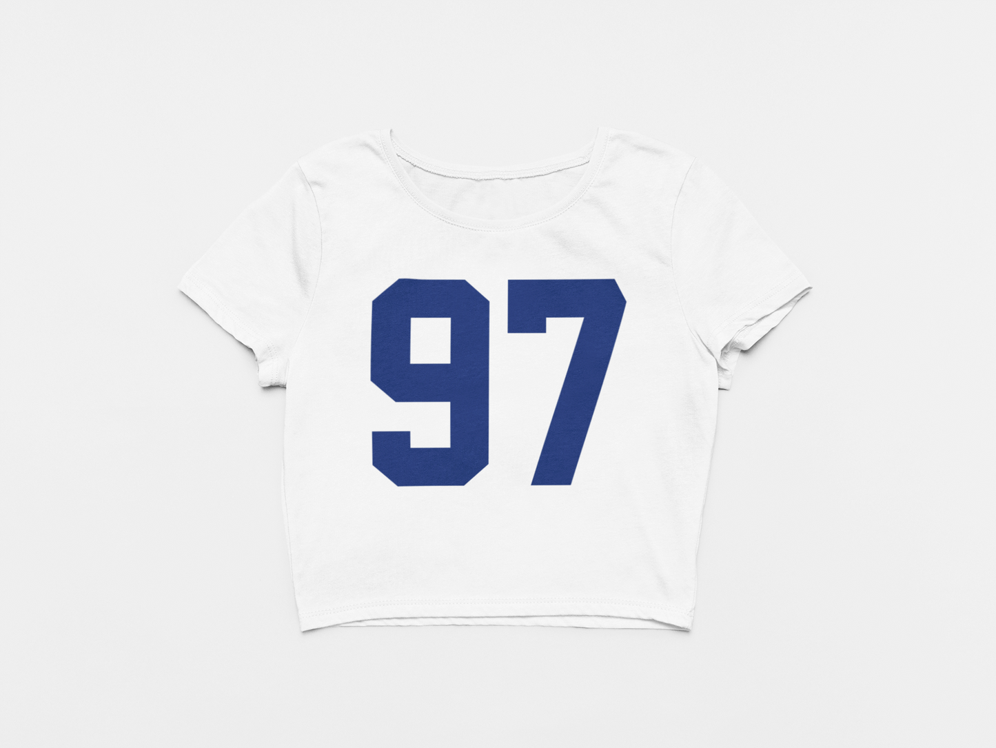 Front of Crop Top, White Color, 97 printed on front in blue, new york giants, dexy, dexter lawrence
