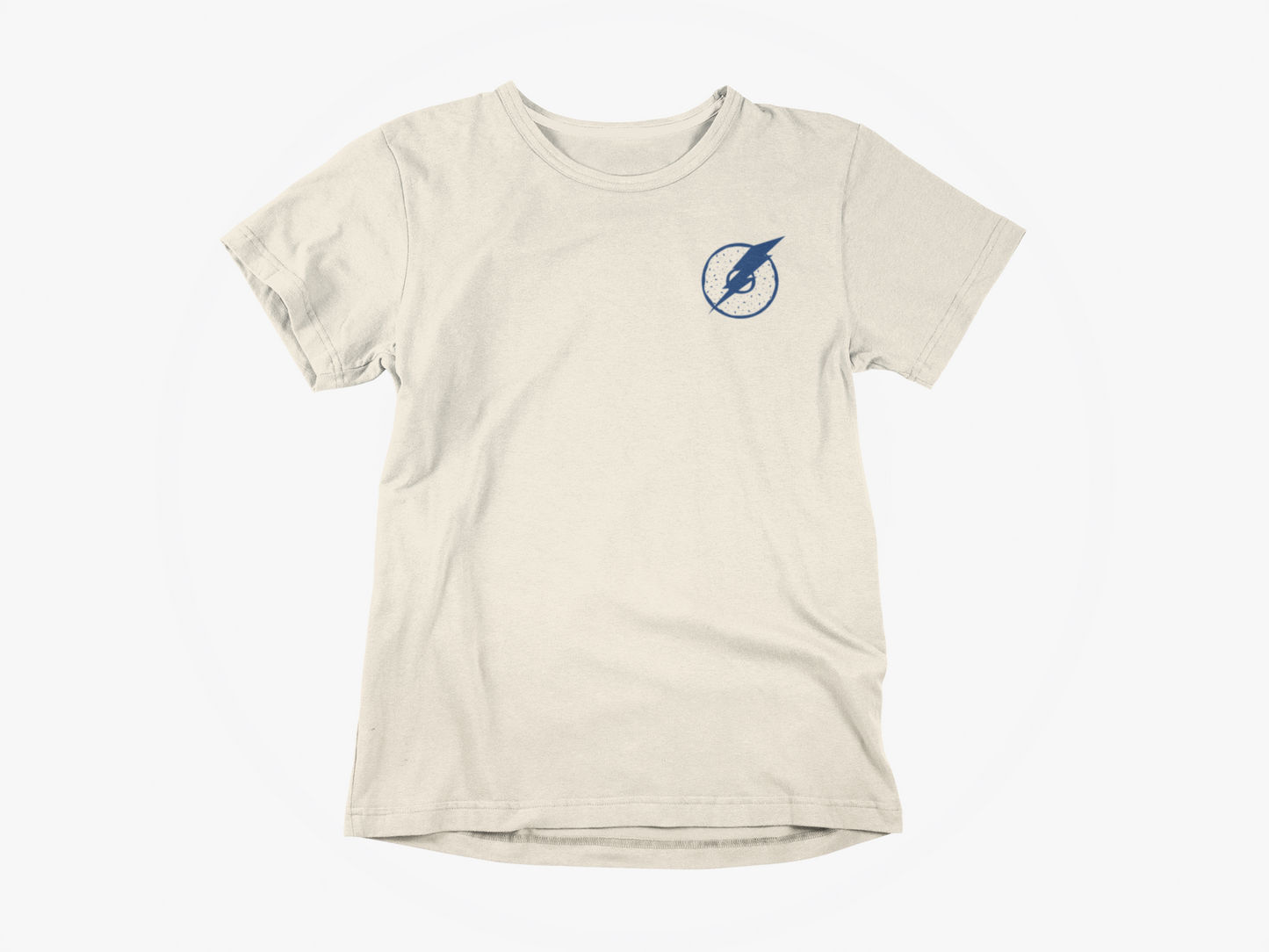 front of shirt, cream colored, lightning over a bagel, lightning logo with bagel, tampa bay lightning, hagels bagels, bolts