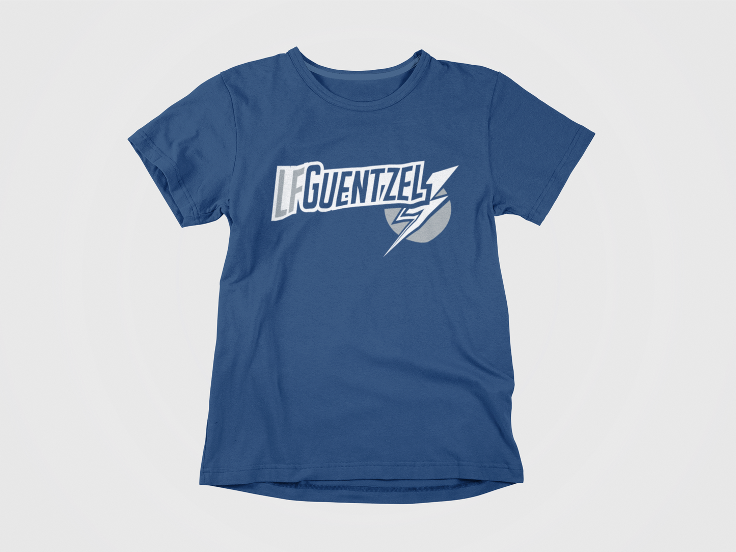 Front of Shirt, Color Navy, Letters on front say LFGuentzel and has and old school Tampa Bay Lightning Logo