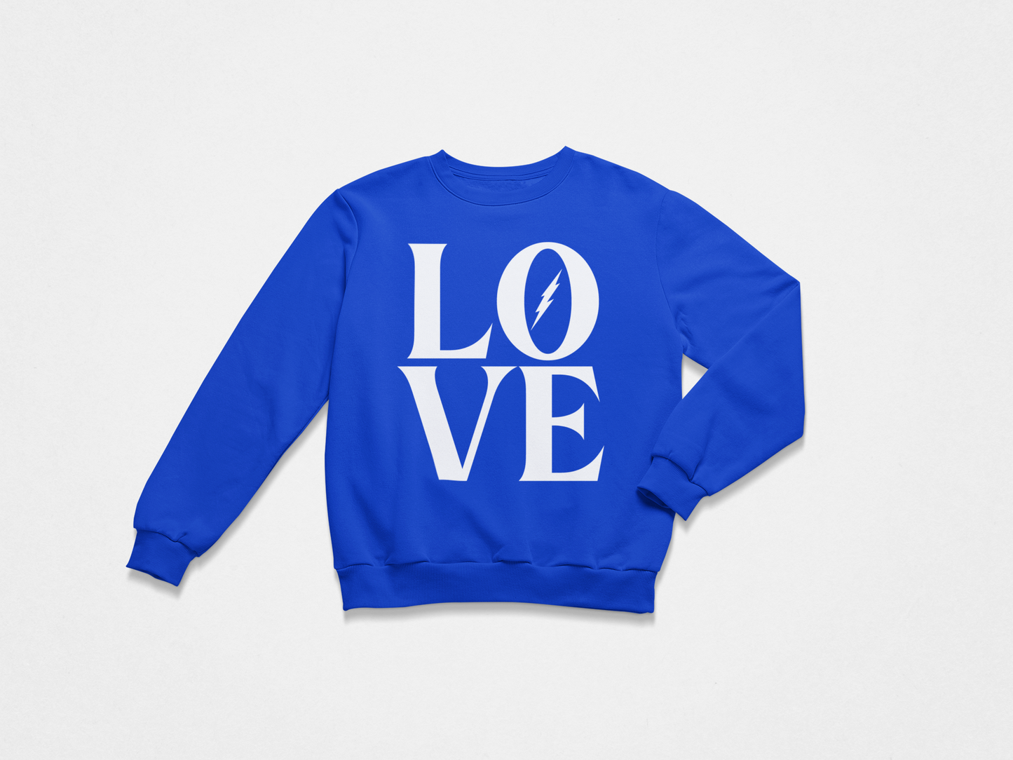 Crew Neck Sweatshirt, Color Blue, Front of Crew Neck, Wording LOVE, Lightning Bolt in the O, Tampa Bay Lightning