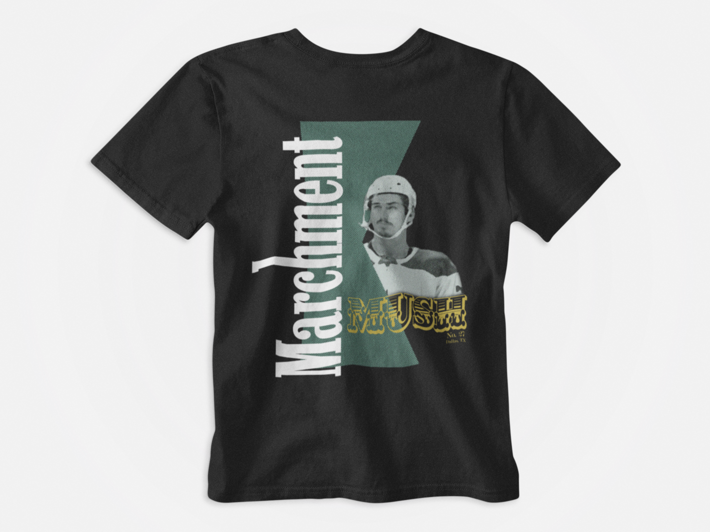 back of shirt, black shirt, picture of mason marchment, lettering marchment, mush, dallas stars.