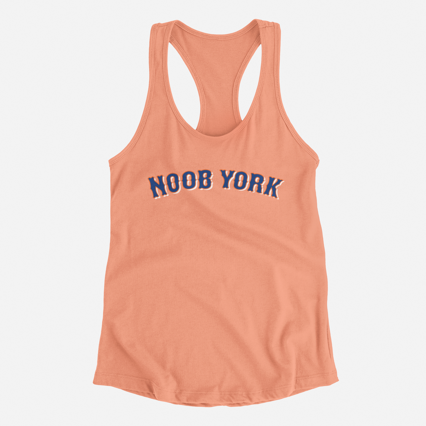 orange tank top, front of tank top, blue and white lettering, noob york across the chest, mets font, new york mets