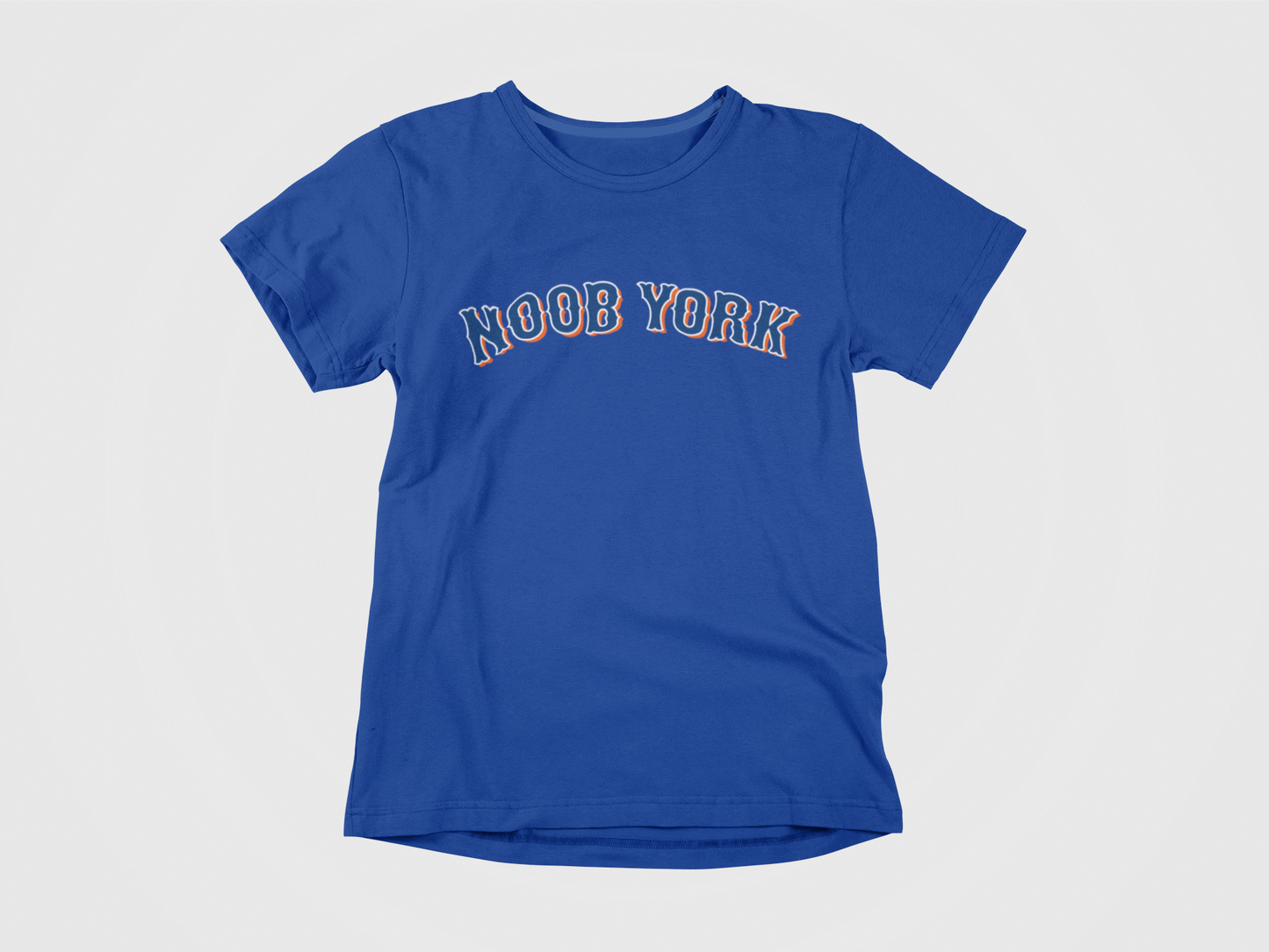 blue shirt, front of shirt, blue and orange lettering, noob york across the chest, mets font, new york mets