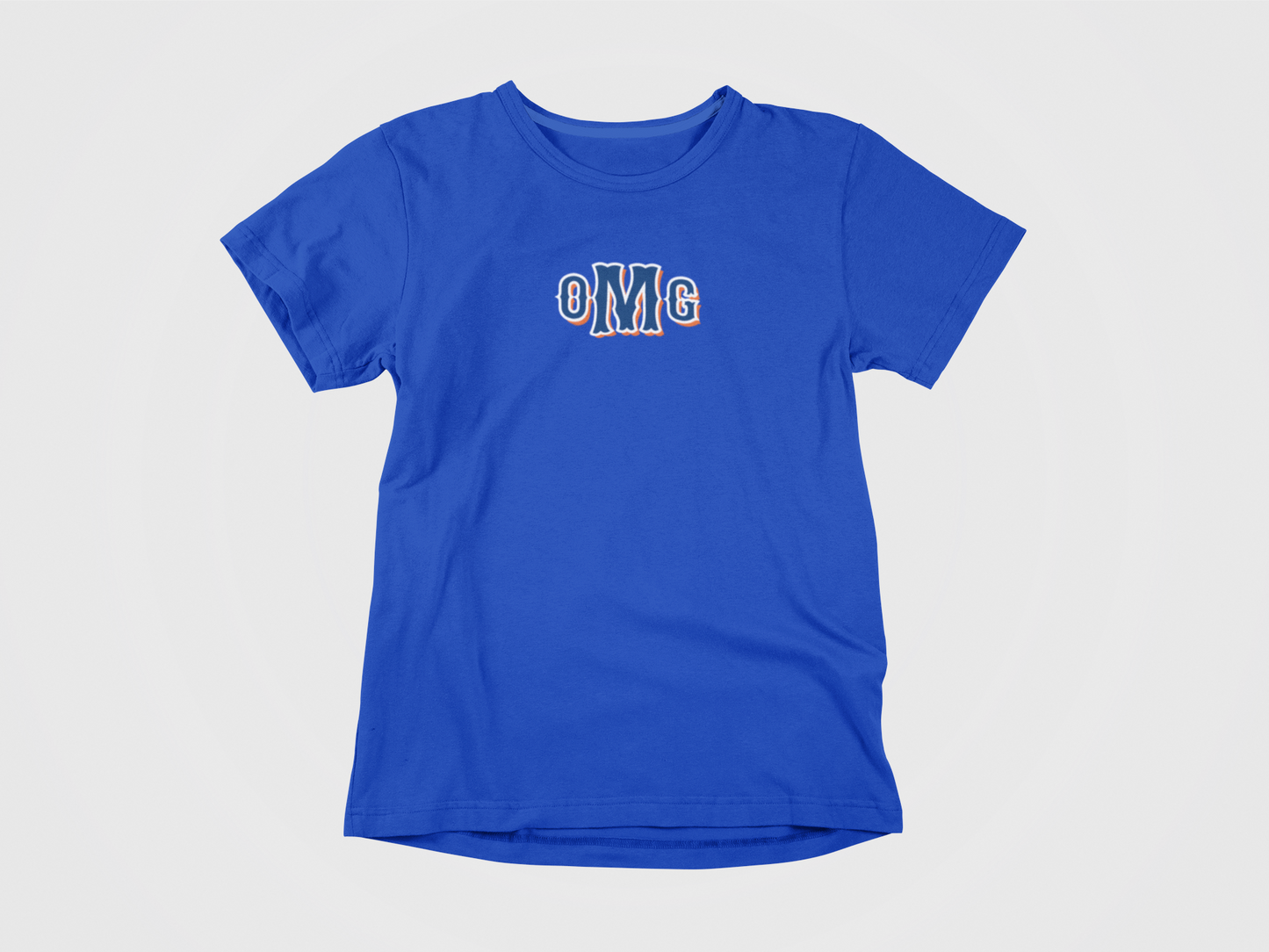 Front of shirt, blue shirt, lettering says OMG in mets font, lettering is centered, New York Mets