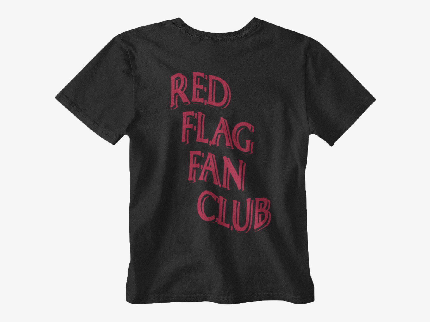 back of shirt, black shirt, red lettering, red flag fan club, red flag shirt, red flag, flag wave design, tampa bay buccaneers, bucs