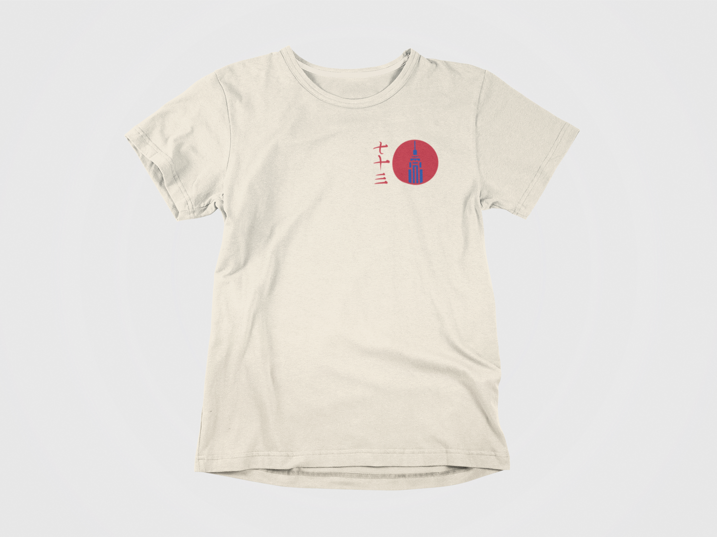 front of shirt, cream colored shirt, empire state building, rempire state building, rempe's dojo, kanji, japanise writing, red sun, red circle, fight an empire, empire building in the sun, empire building in red circle, new york rangers