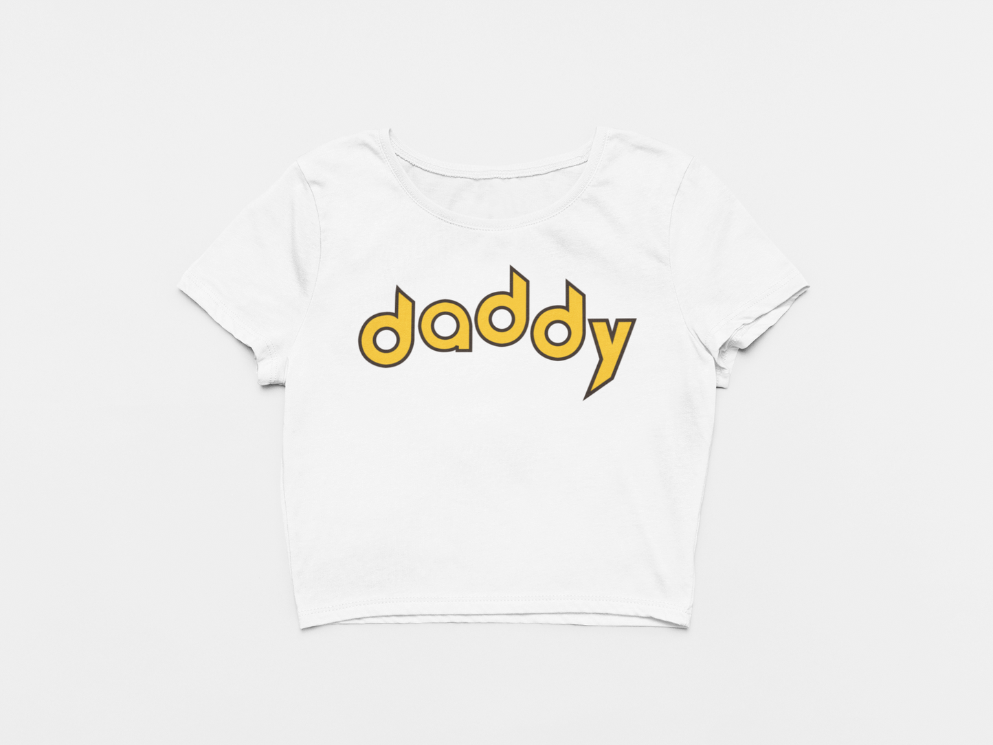 white crop top, front of crop top, san diego padres, daddy, daddy padres font, yellow lettering with brown outline.