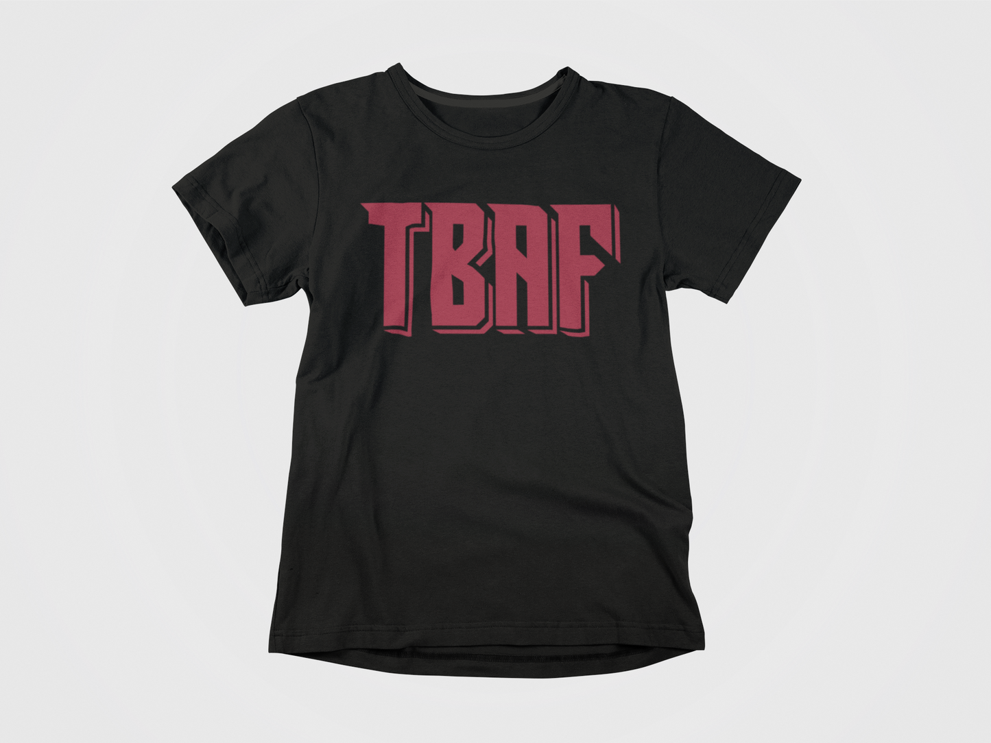 Front of Tee, Black color, lettering in red says TBAF in Buccaneers font, Tampa Bay Buccaneers