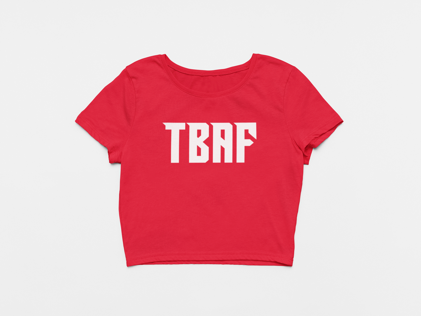 Front of Crop Top, Red color, lettering says TBAF in Buccaneers font, Tampa Bay Buccaneers