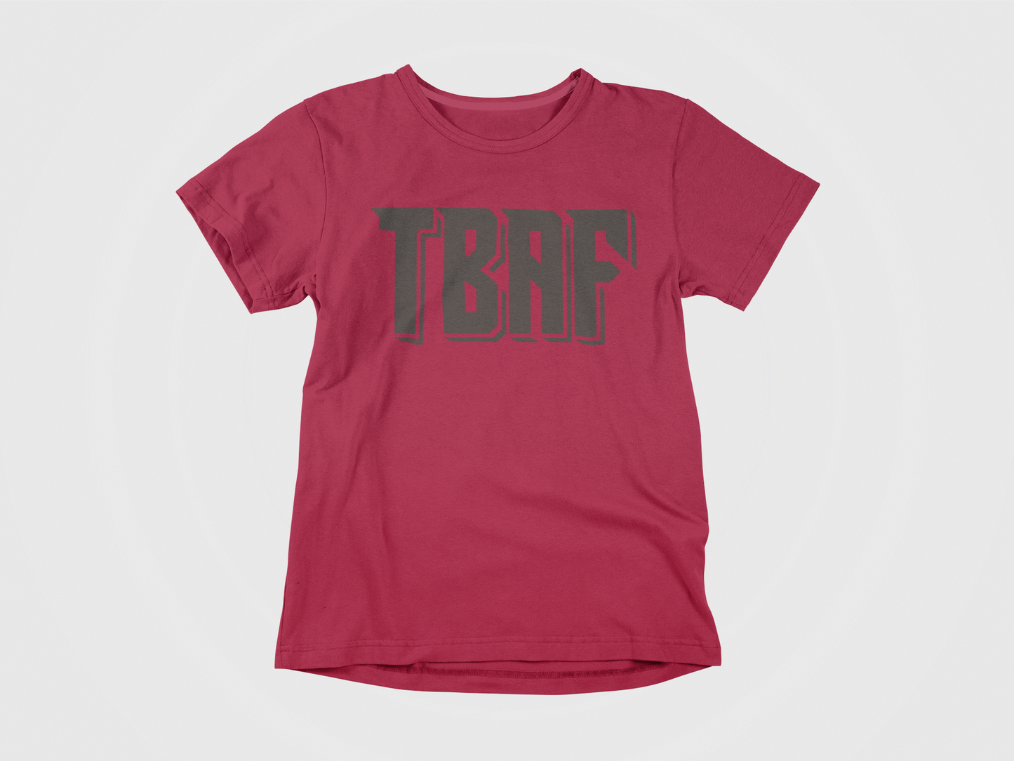 Front of Tee, Red color, lettering in pewter says TBAF in Buccaneers font, Tampa Bay Buccaneers