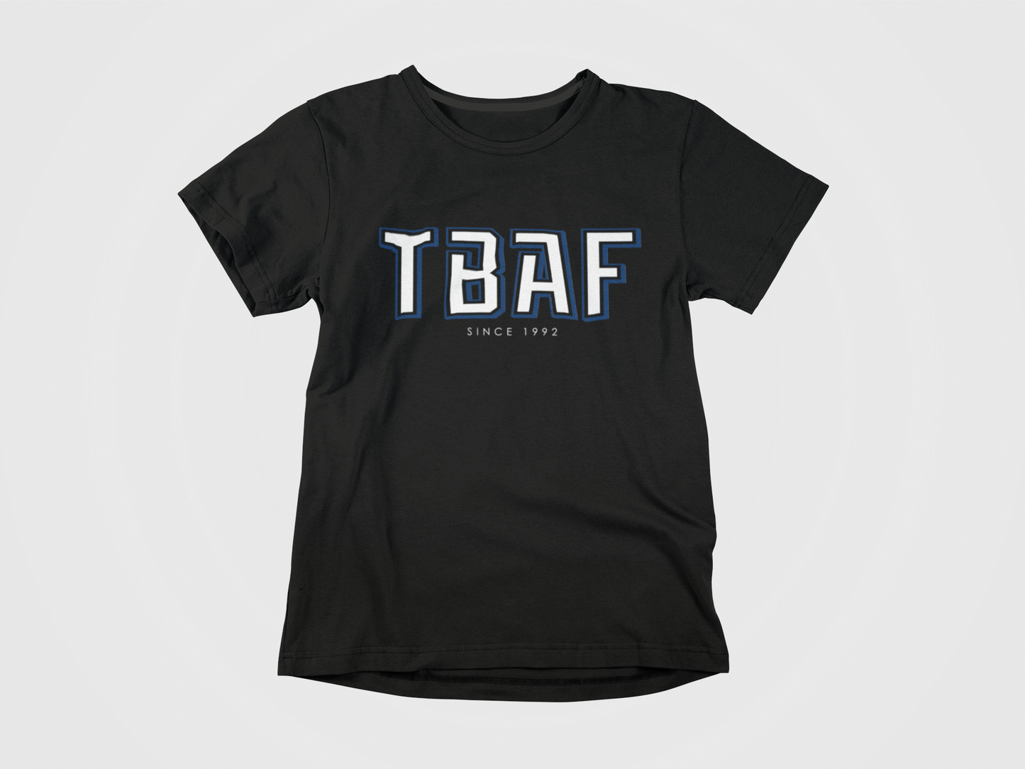 Black shirt, front of shirt, retro lettering, says TBAF SINCE 1992, tampa bay lightning