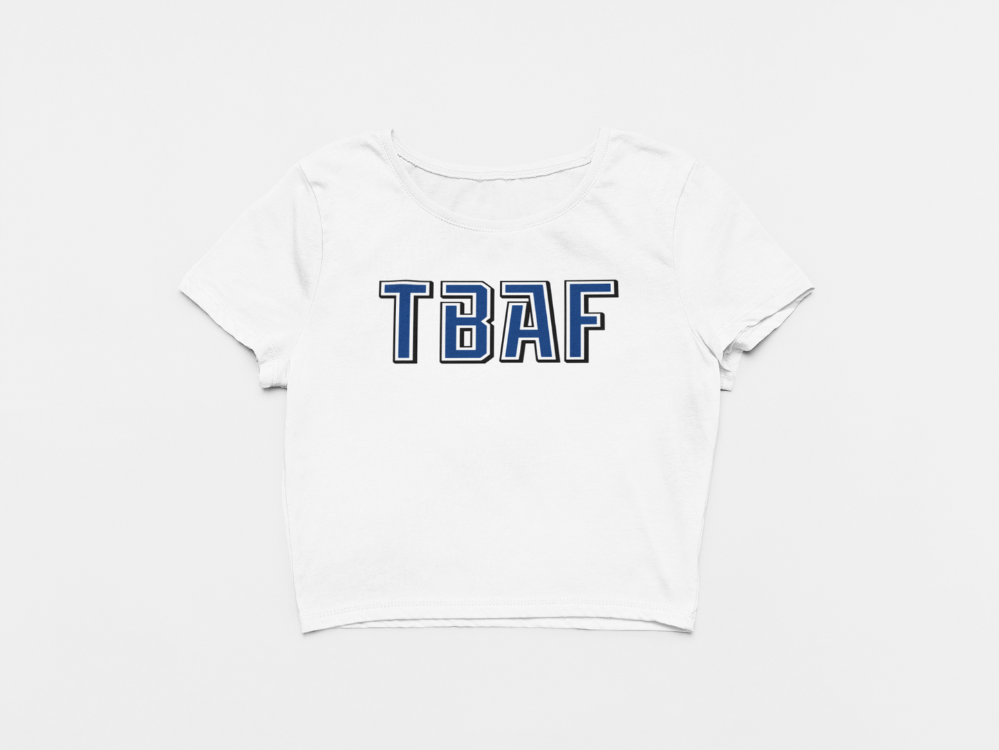 Front of Crop Top, White Color, Retro lettering that is blue and black that says TBAF, Tampa Bay Lightning