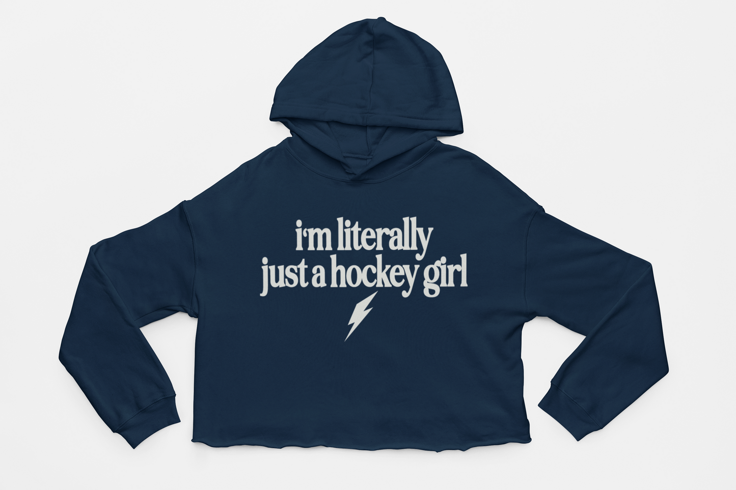 Crop Hoodie, Front of Hoodie, Color Navy, Wording i'm literally just a hockey girl, lightning bolt, tampa bay lightning