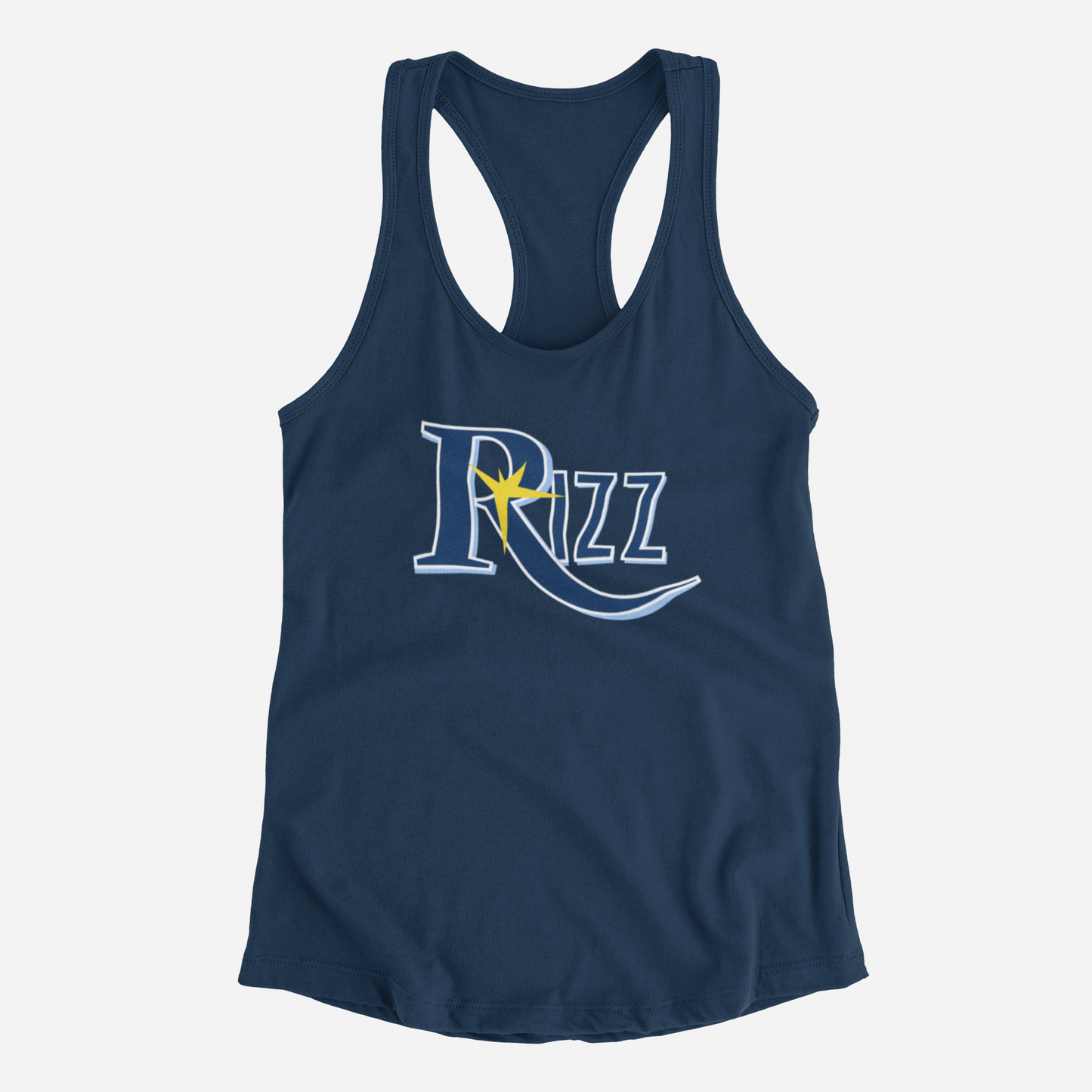 navy tank top, front of tank top, Rizz, tampa bay rays, rays logo, starburst, blue and light blue font, rays