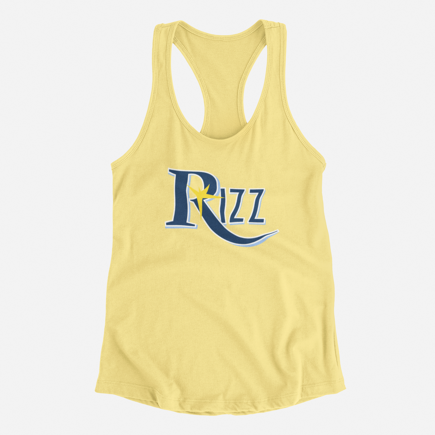 yellow tank top, front of tank top, Rizz, tampa bay rays, rays logo, starburst, blue and light blue font, rays