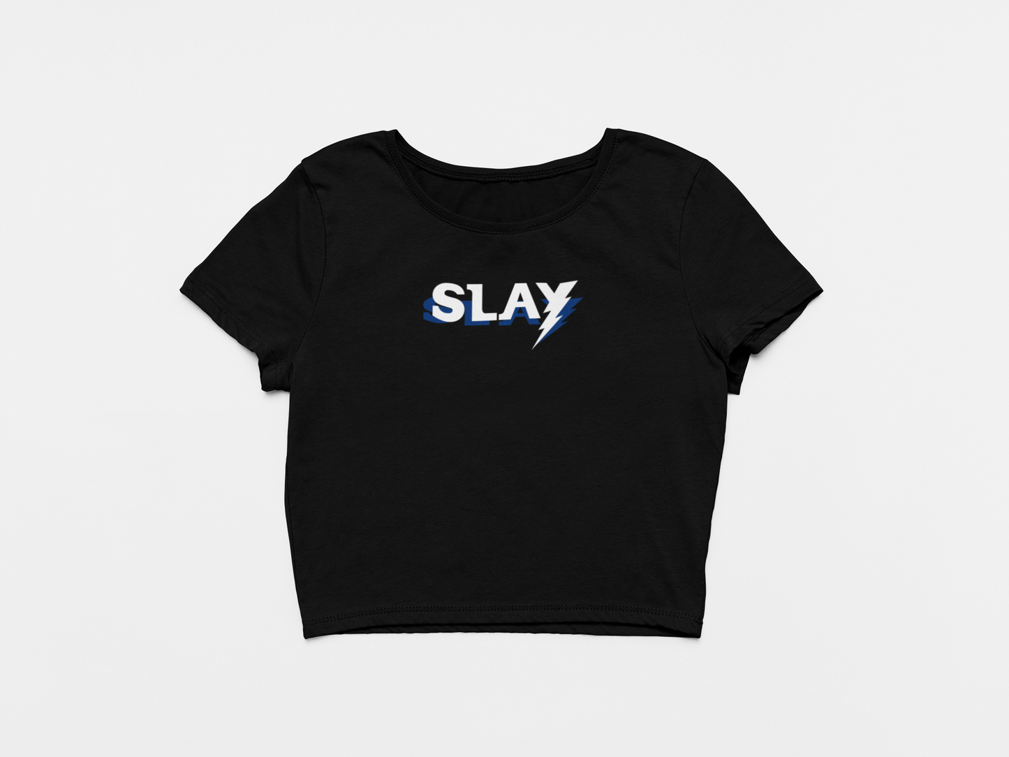 Crop Top, Color Black, Front of Crop Top, Wording SLAY, Y is a Lightning Bolt, Vintage Lettering, Tampa Bay Lightning