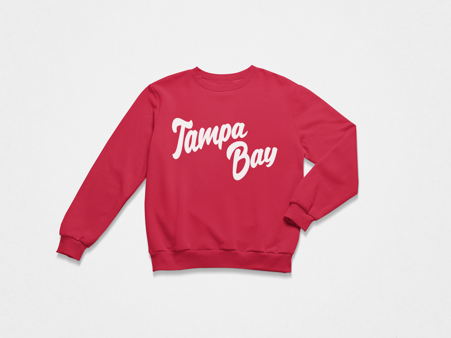 Red Crew Neck Sweatshirt, Color Red, Lettering White, Front of Crew Neck Sweatshirt, Cursive Lettering says Tampa Bay, Tampa Bay Buccaneers