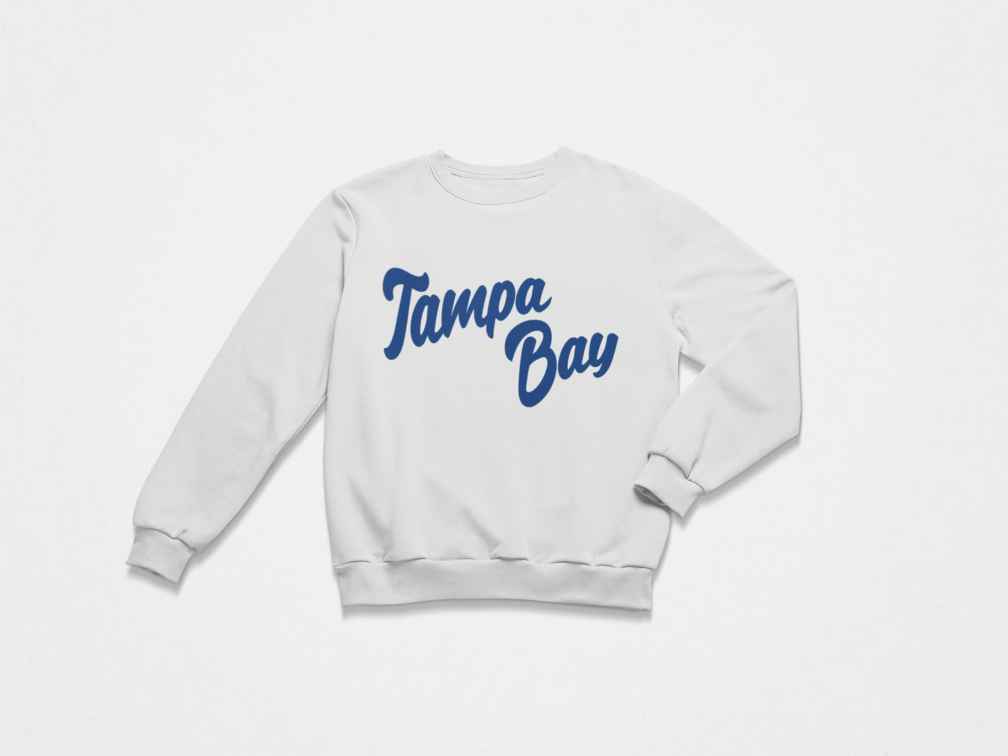 Crew Neck Sweatshirt, Front, White Ash color, Blue Font, Tampa Bay in Cursive, Tampa Bay Lightning