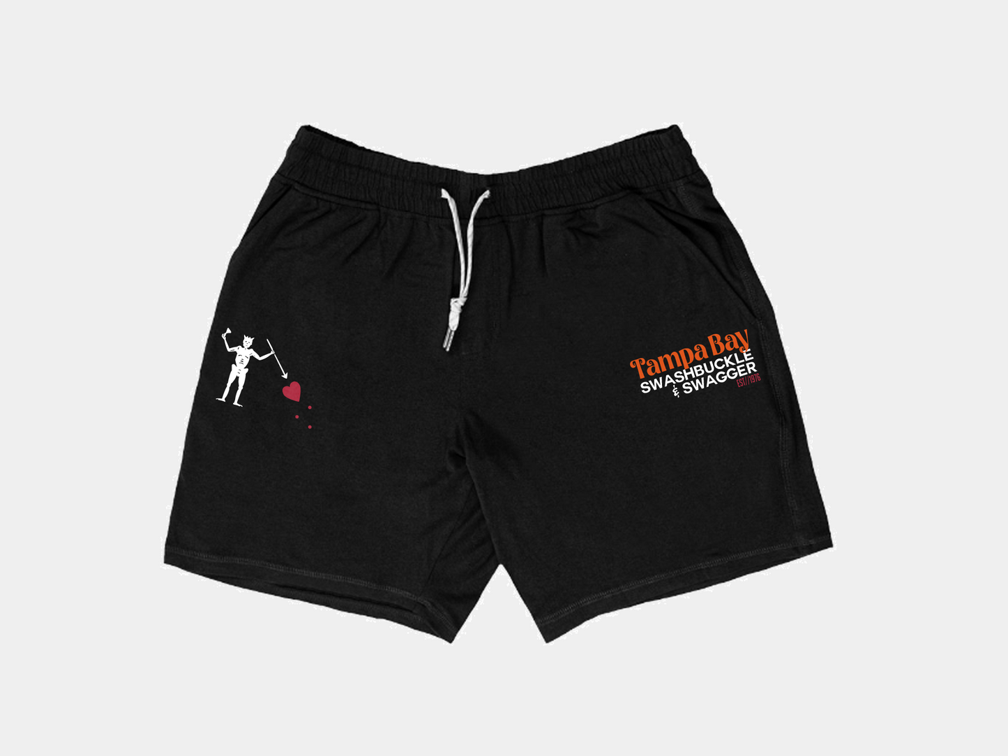 Athletic Shorts, Black color, Tampa Bay written in orange just below the pocket, Swashbuckle and swagger lettering, right side below pocket is blackbeard flag, tampa bay buccaneers