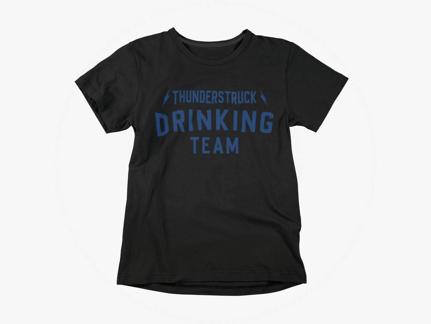 Front of shirt, black shirt, blue lettering, thunderstruck drinking team, lightning bolts, acdc, thunderstruck, thunderdrunk, tampa bay lightning, bolts,