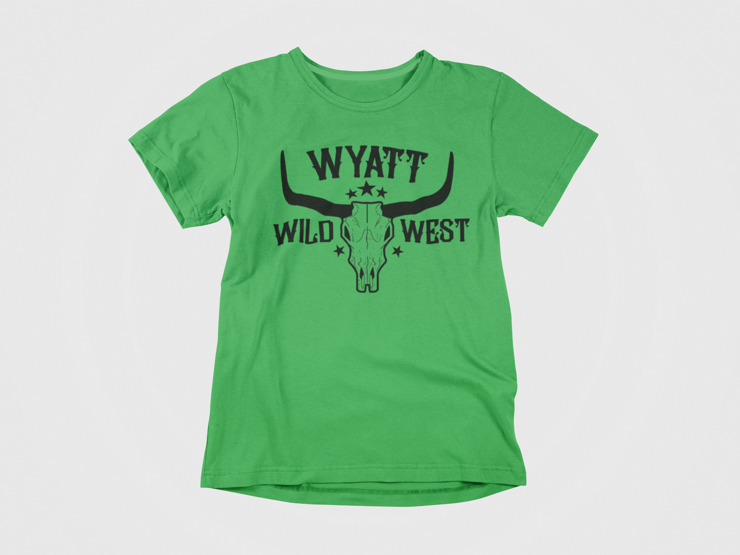 Green shirt, front of shirt, black print, black lettering, dallas stars, Wyatt Johnson, longhorn, stars