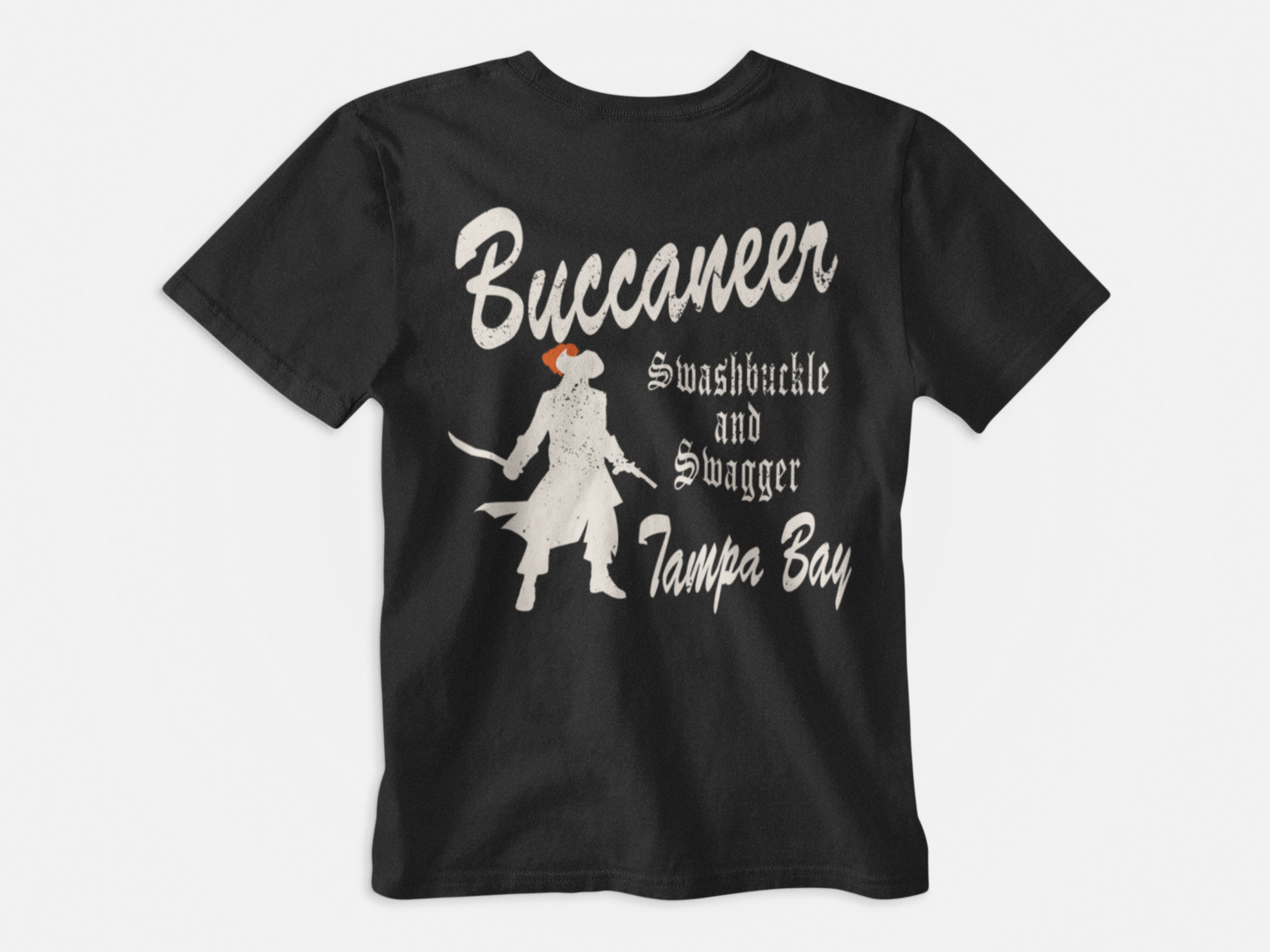 back of shirt, black shirt, vintage look, buccaneer, swashbuckle and swagger, tampa bay, tampa bay buccaneers, bucs, gasparilla, pirate