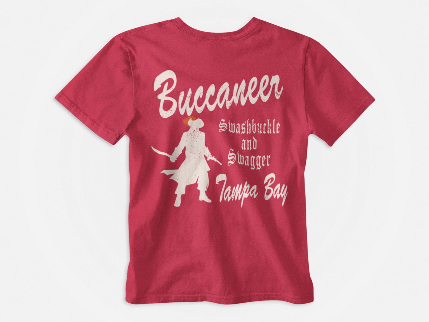 back of shirt, red shirt, vintage look, buccaneer, swashbuckle and swagger, tampa bay, tampa bay buccaneers, bucs, gasparilla, pirate