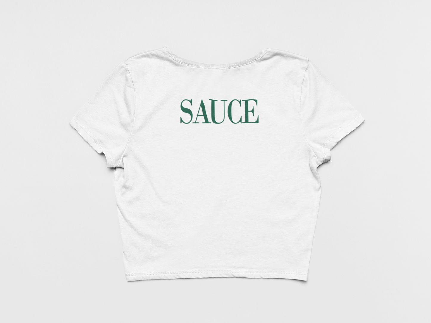 Back of Crop Top, Color White, Sauce printed in Green, New York Jets, Sauce Gardnger