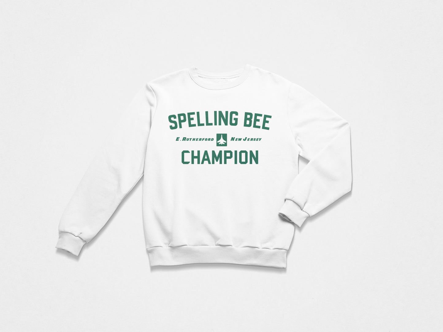 white sweatshirt, crewneck, front of crewneck, green lettering, spelling bee champion, east rutherford new jersey, new york jets, jets,
