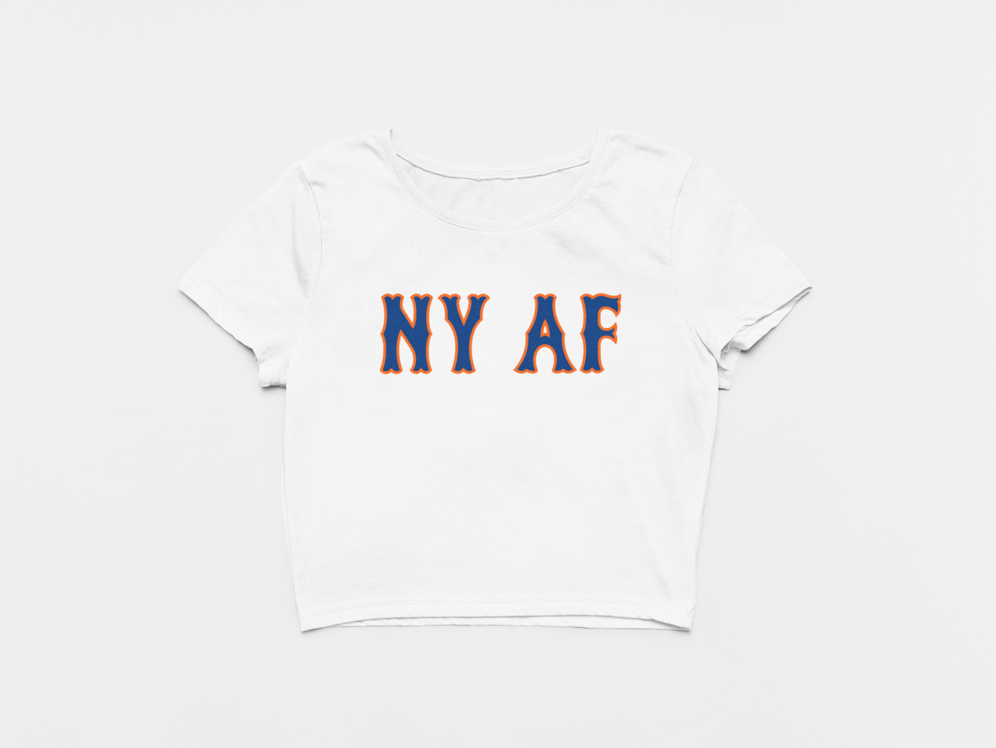 White crop top, front of crop top, blue and orange lettering, NYAF, NY AF, new york mets, mets font, mets