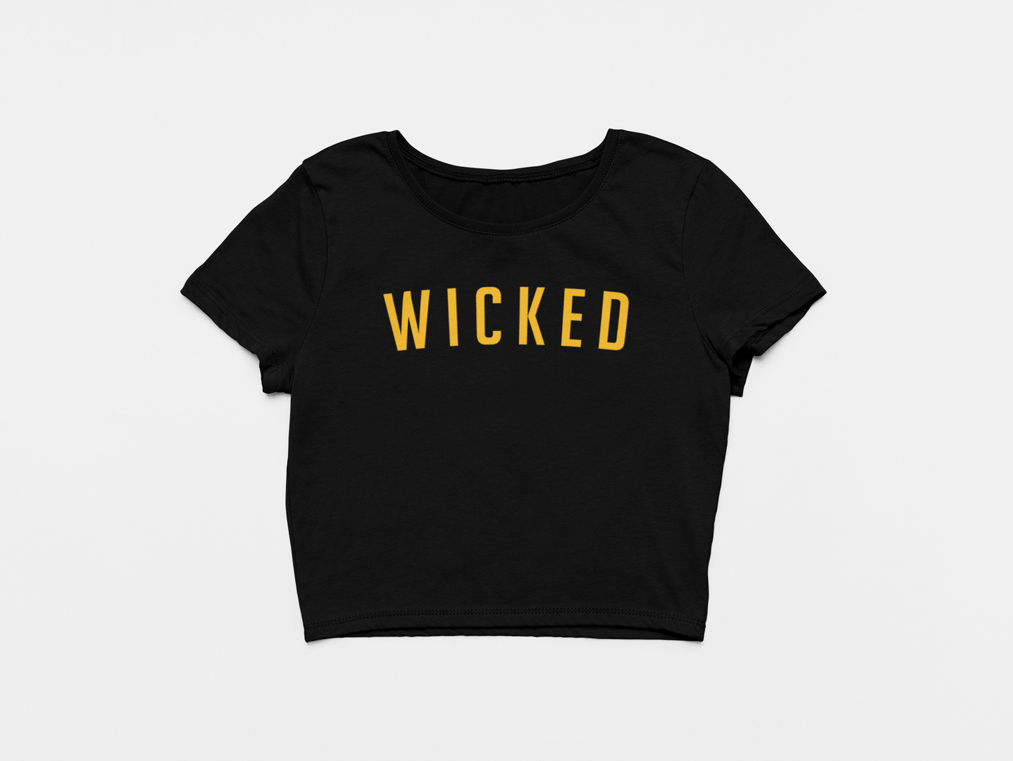 front of crop top, black crop top, yellow lettering, wicked, boston bruins