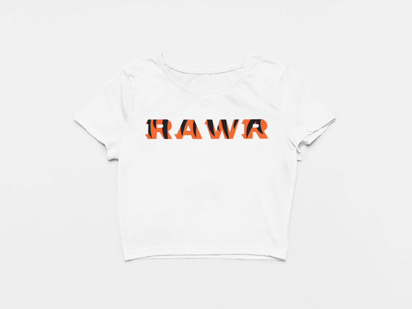 white crop top, front of crop top, orange black and white lettering, rawr across the chest, stripped font, bengals font, cincinnati bengals, bengals