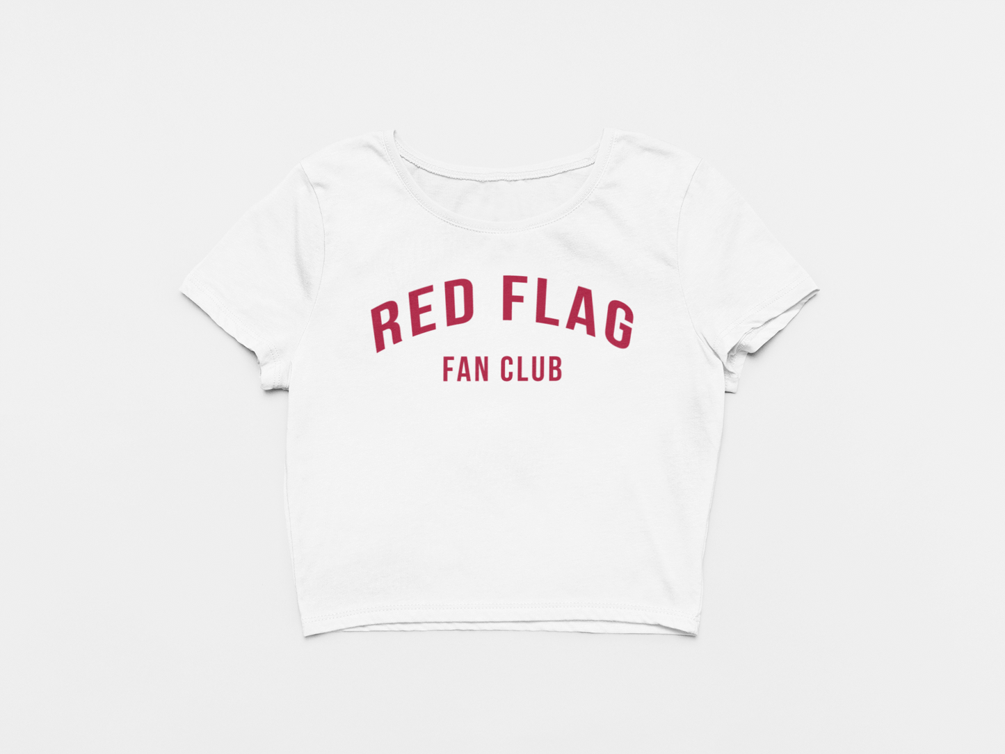 front of crop top, white crop top, red lettering, red flag fan club, arched, curved, tampa bay buccaners, bucs, red flag
