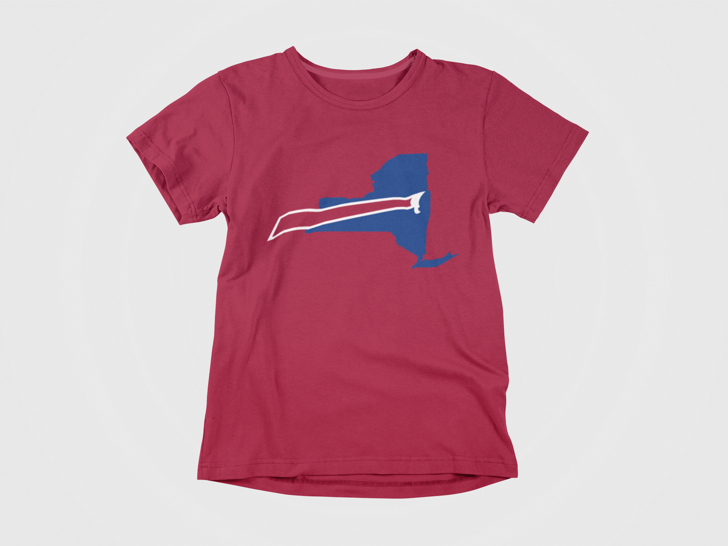 front of shirt, red shirt, new york state as bills logo, buffalo bills, new york bills, bills