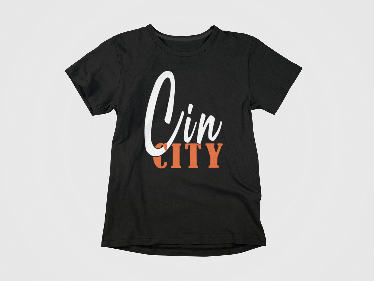 black shirt, front of shirt, white and orange lettering, Cin City, Cincinnati Bengals, Bengals