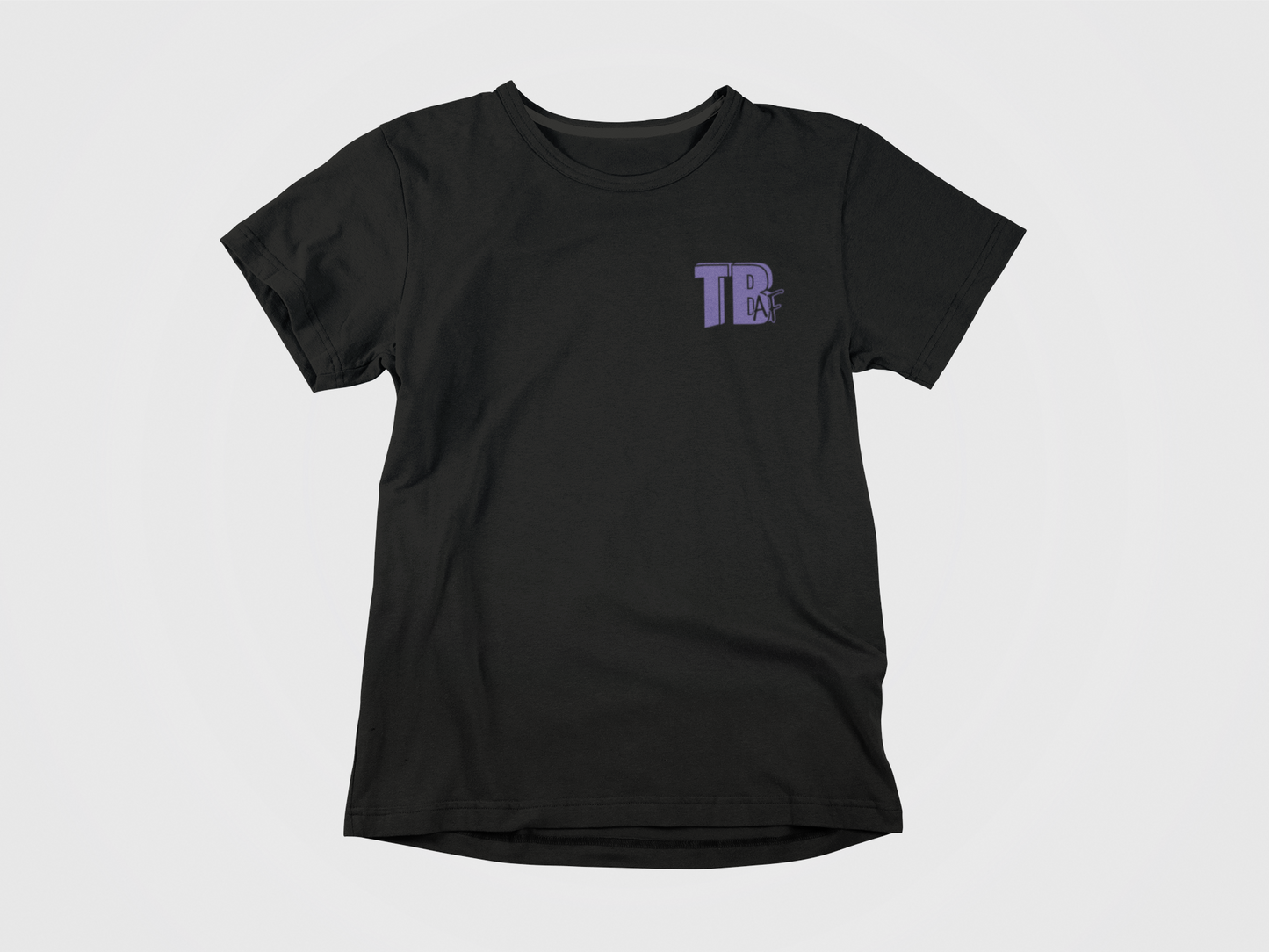 black shirt, front of shirt, purple lettering, TBAF, Tampa Bay MTV Logo, Tampa Bay Rays,