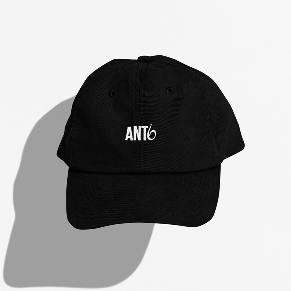 black hat, dad hat, anti-6 logo, white embroidery