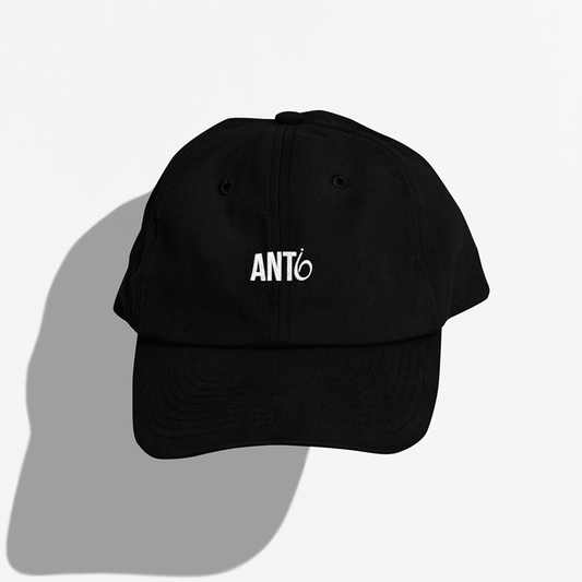 black hat, dad hat, anti-6 logo, white embroidery