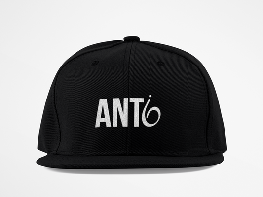 black hat, snapback, anti-6 logo, white embroidery