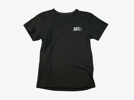 black shirt, front of shirt, white antii-6 logo