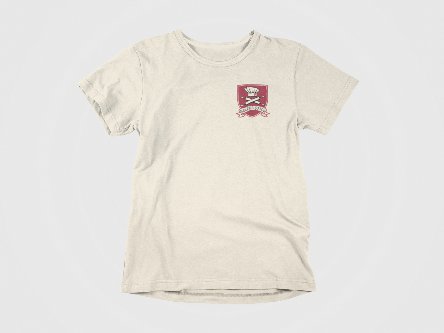 Baker's Goods, Front of shirt, cream colored, baker crest, tampa bay buccaneers, bucs