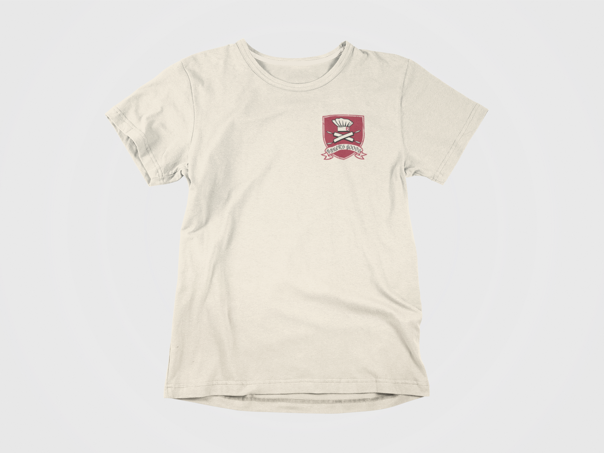 Baker's Goods, Front of shirt, cream colored, baker crest, tampa bay buccaneers, bucs